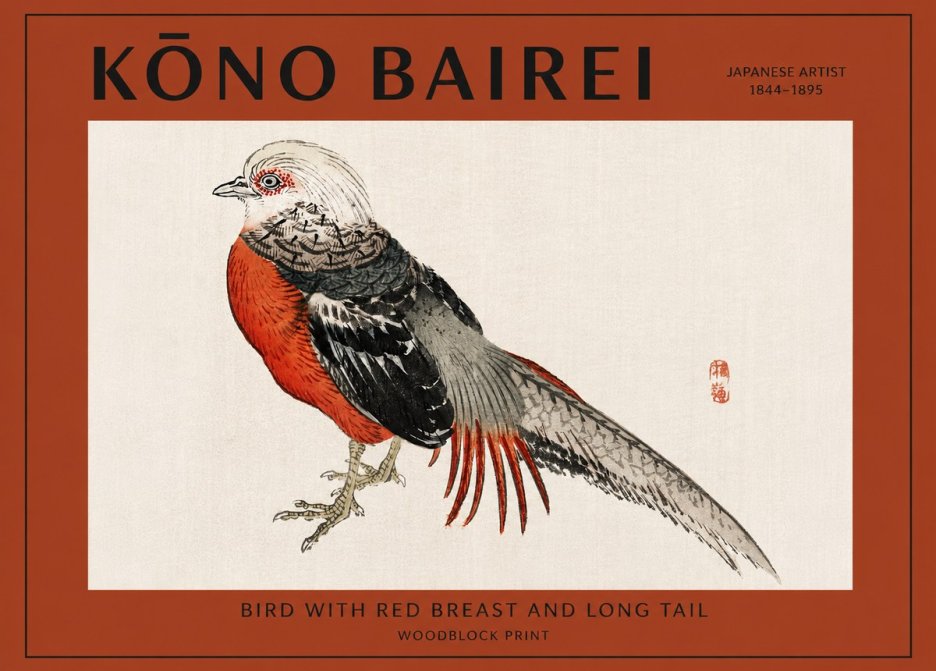 Kōno Bairei Bird with Red Breast and Long Tail No2 - Plakat