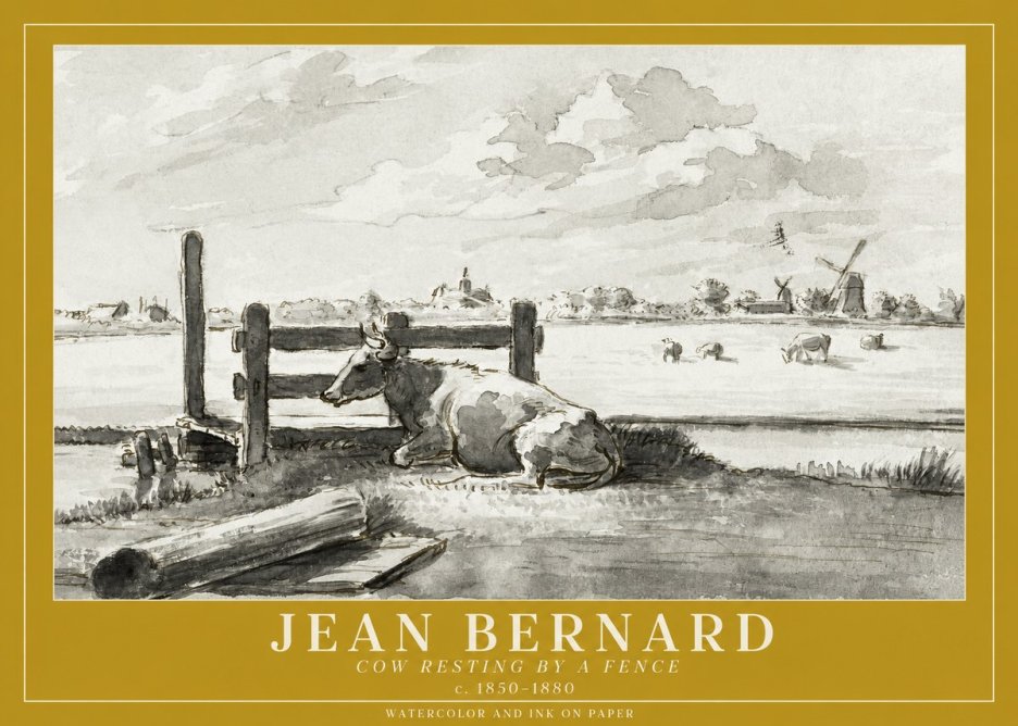 Jean Bernard Cow Resting by a Fence No1 - Plakat