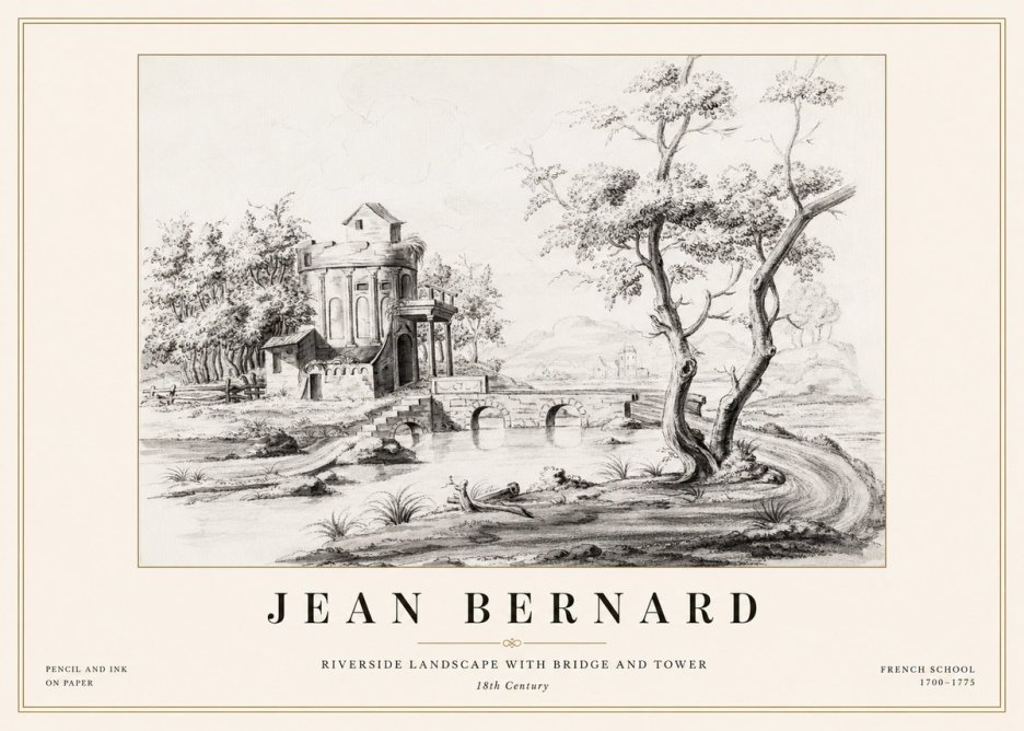 Jean Bernard Riverside Landscape with Bridge and Tower No1 - Plakat