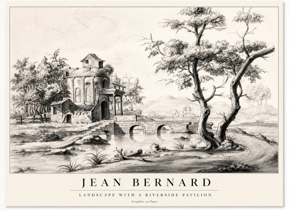 Jean Bernard Riverside Landscape with Bridge and Tower No2 - Plakat