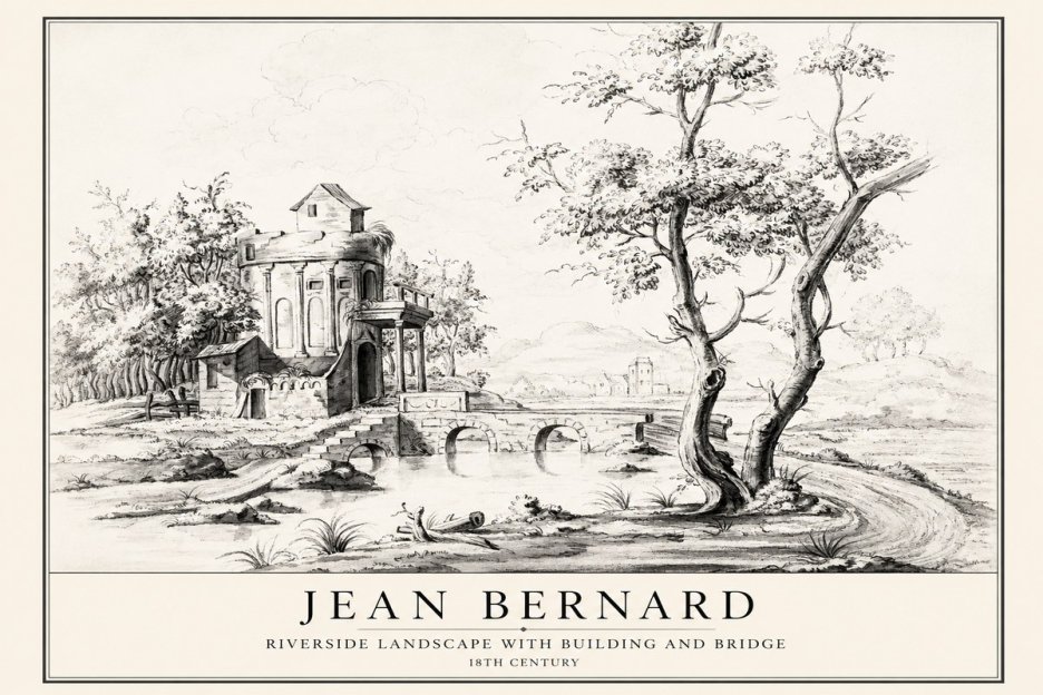 Jean Bernard Riverside Landscape with Bridge and Tower No4 - Plakat