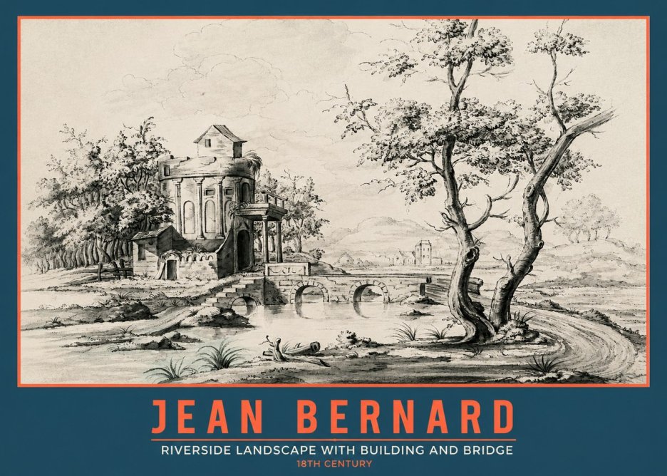 Jean Bernard Riverside Landscape with Bridge and Tower No5 - Plakat