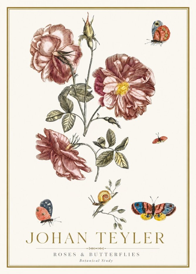 Johan Teyler Roses & Butterflies - Botanical Study No2 - Plakat