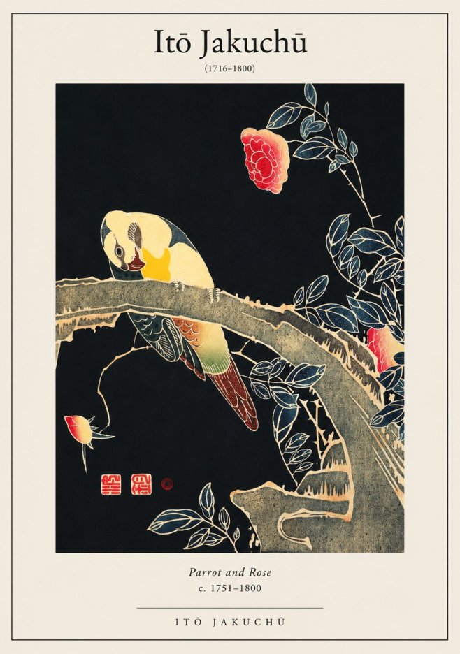 Itō Jakuchū Parrot and Rose No1 - Plakat