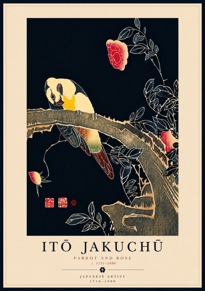 Itō Jakuchū Parrot and Rose No8 - Plakat