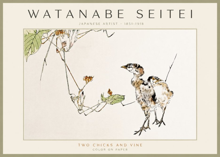 Watanabe Seitei Two Chicks and Vine No3 - Plakat