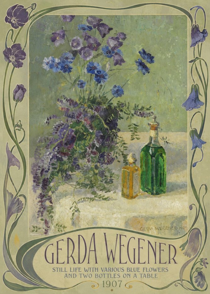 Gerda Wegener Still Life with Various Blue Flowers and Two Bottles on a Table No2 - Plakat