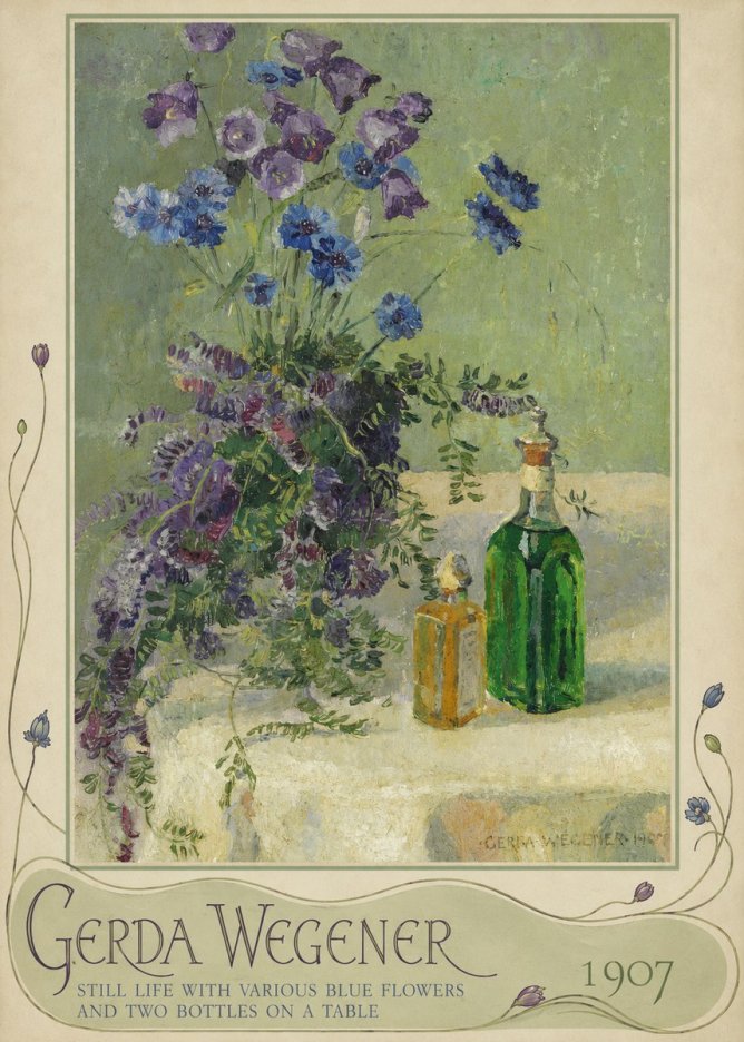 Gerda Wegener Still Life with Various Blue Flowers and Two Bottles on a Table No5 - Plakat