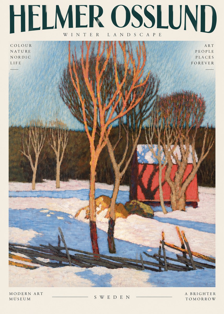 Helmer Osslund Winter Landscape with Red Barn No6 - Plakat