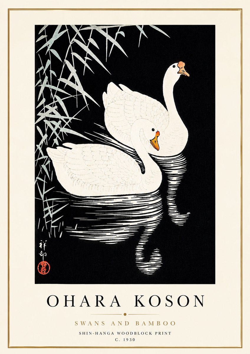 Ohara Koson Swans and Bamboo No5 - Plakat