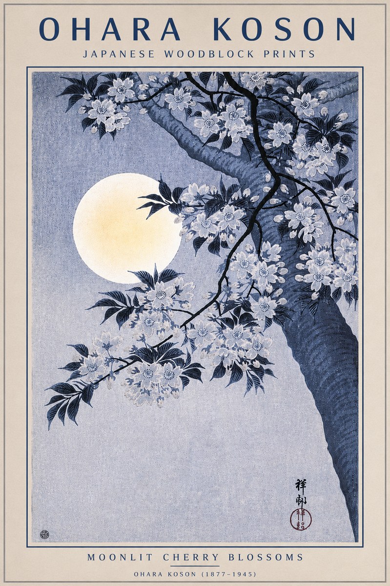 Ohara Koson Moonlit Cherry Blossoms No4 - Plakat