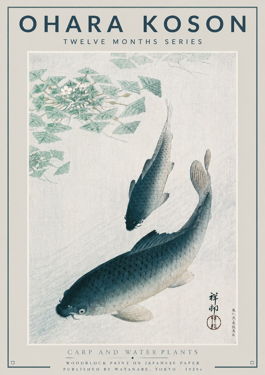 Ohara Koson Carp and Water Plants No4 - Plakat