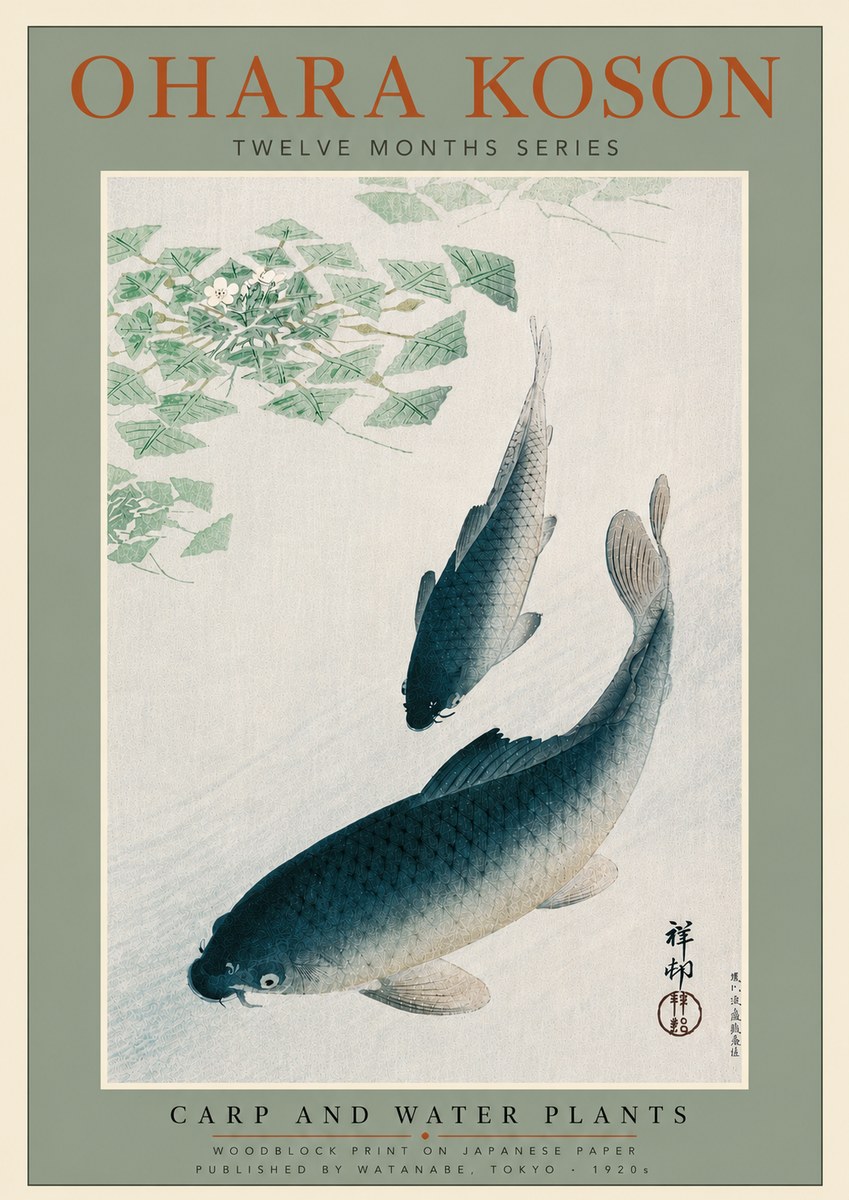 Ohara Koson Carp and Water Plants No5 - Plakat