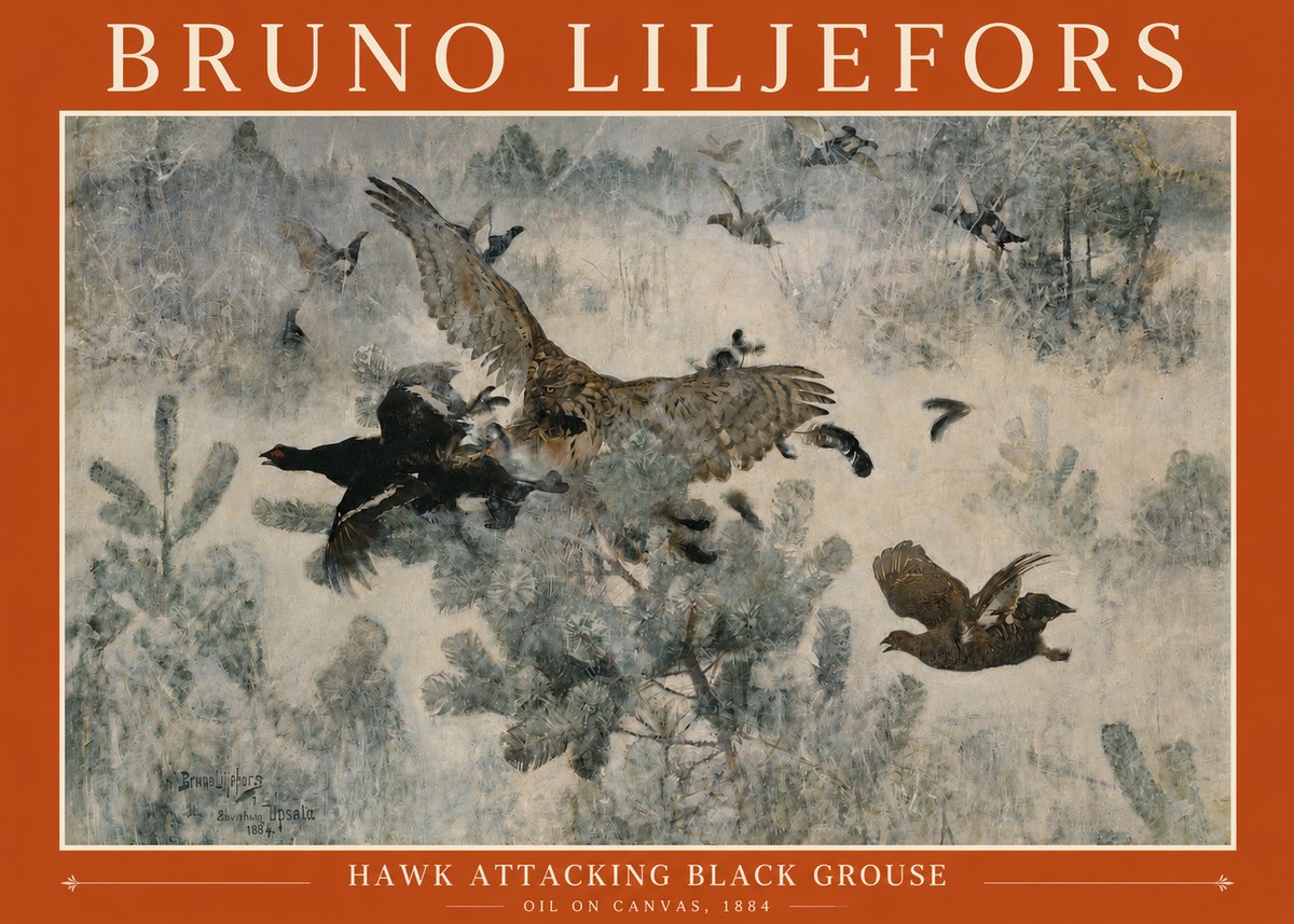 Bruno Liljefors Hawk Attacking Black Grouse No3 - Plakat