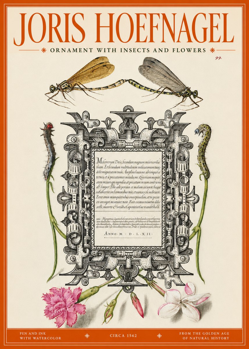 Joris Hoefnagel Ornamental Frame with Damselflies, Caterpillars and Flowers No3 - Plakat