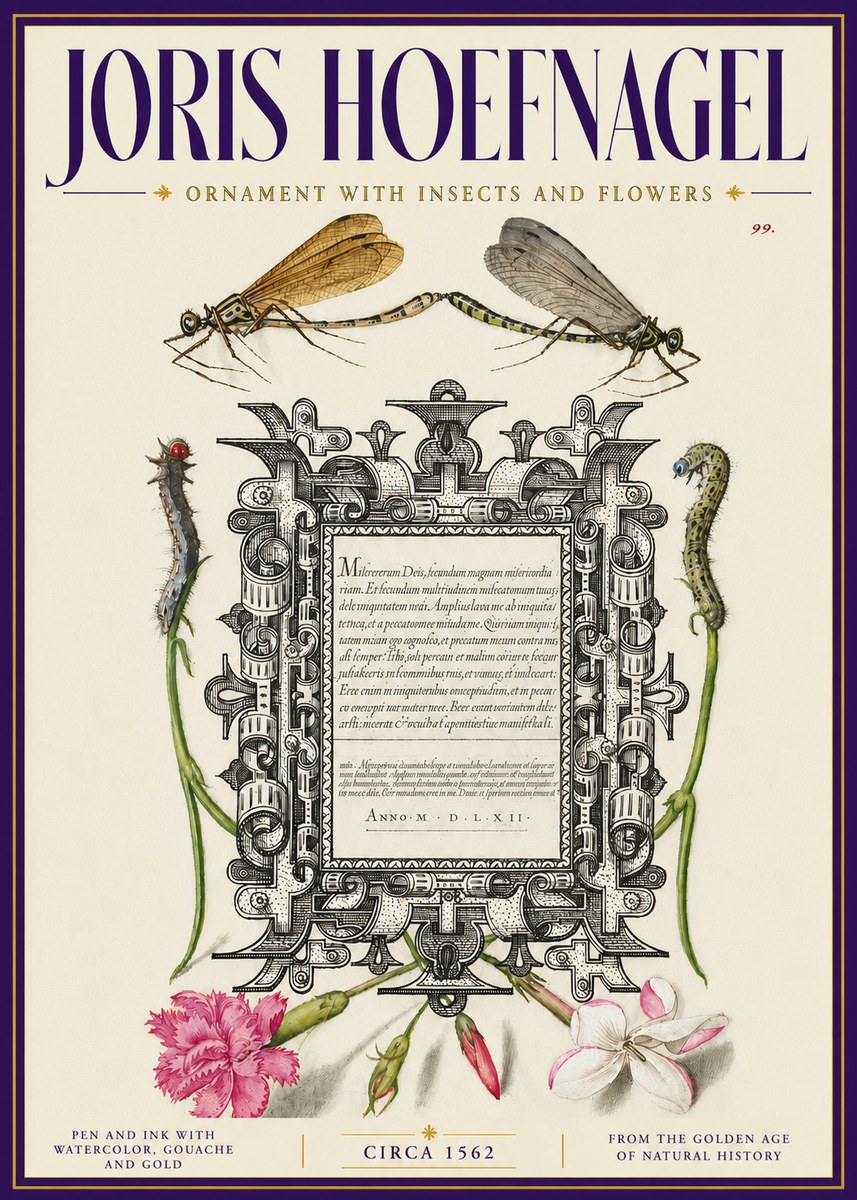 Joris Hoefnagel Ornamental Frame with Damselflies, Caterpillars and Flowers No6 - Plakat