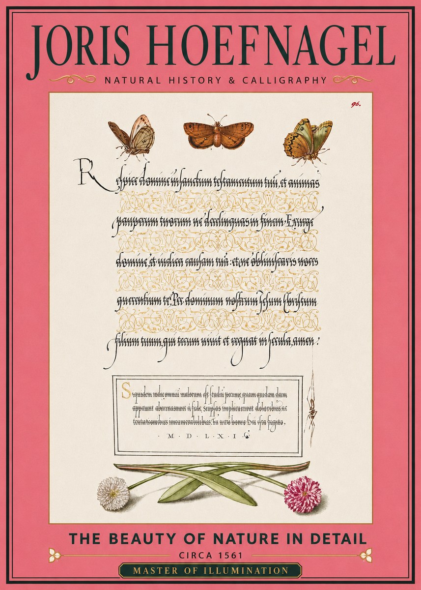 Joris Hoefnagel Butterflies, Flowers and Calligraphy Page No2 - Plakat