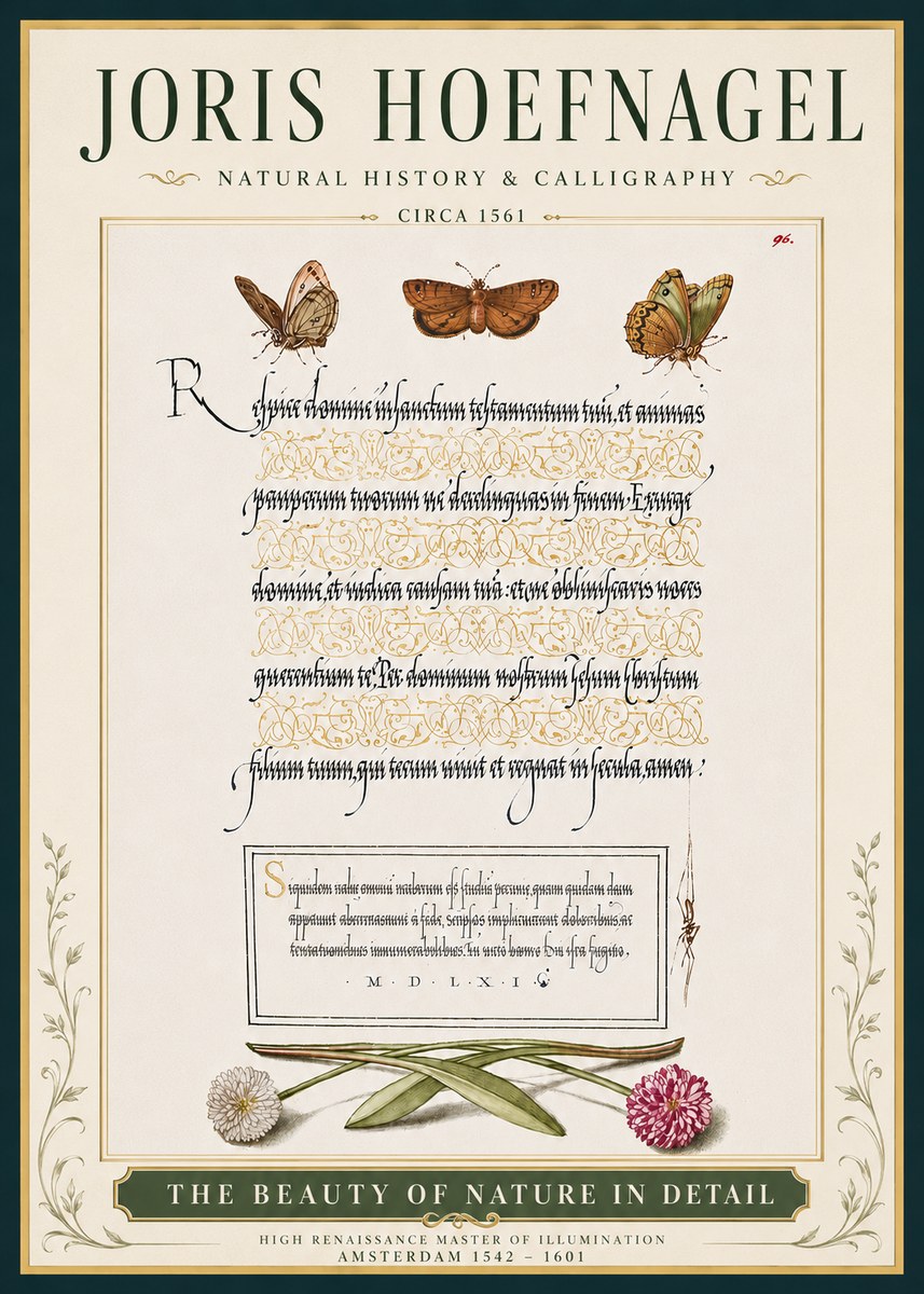Joris Hoefnagel Butterflies, Flowers and Calligraphy Page No5 - Plakat