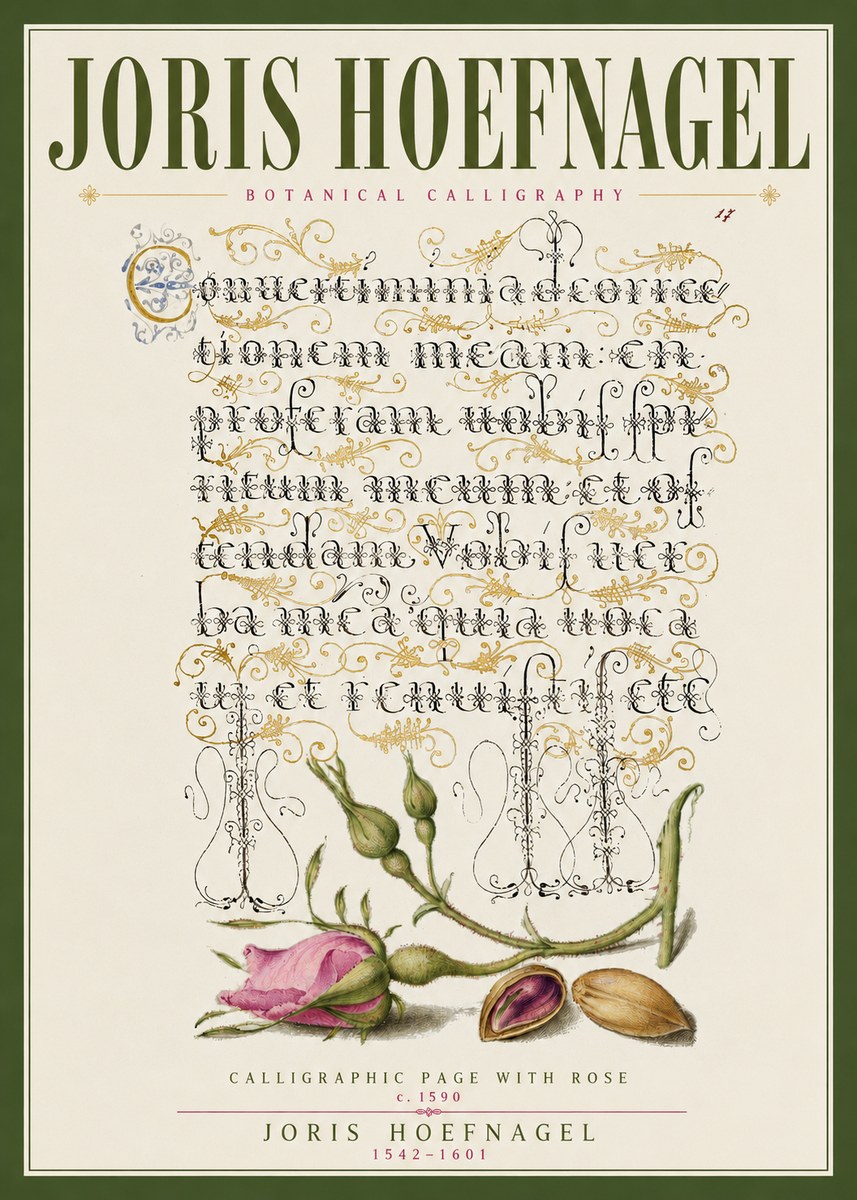 Joris Hoefnagel Calligraphic Page with Rose No3 - Plakat