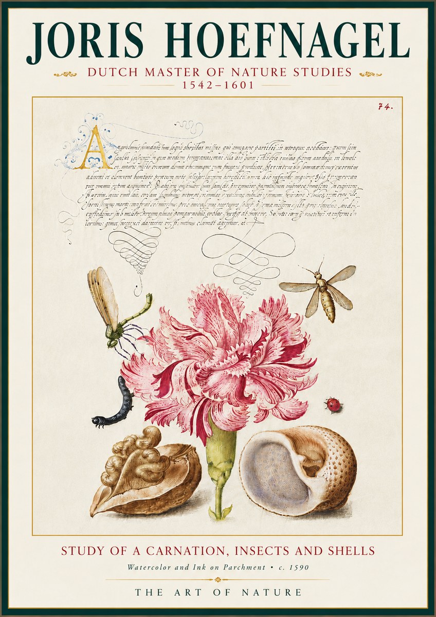 Joris Hoefnagel Study of a Carnation, Insects and Shells No5 - Plakat