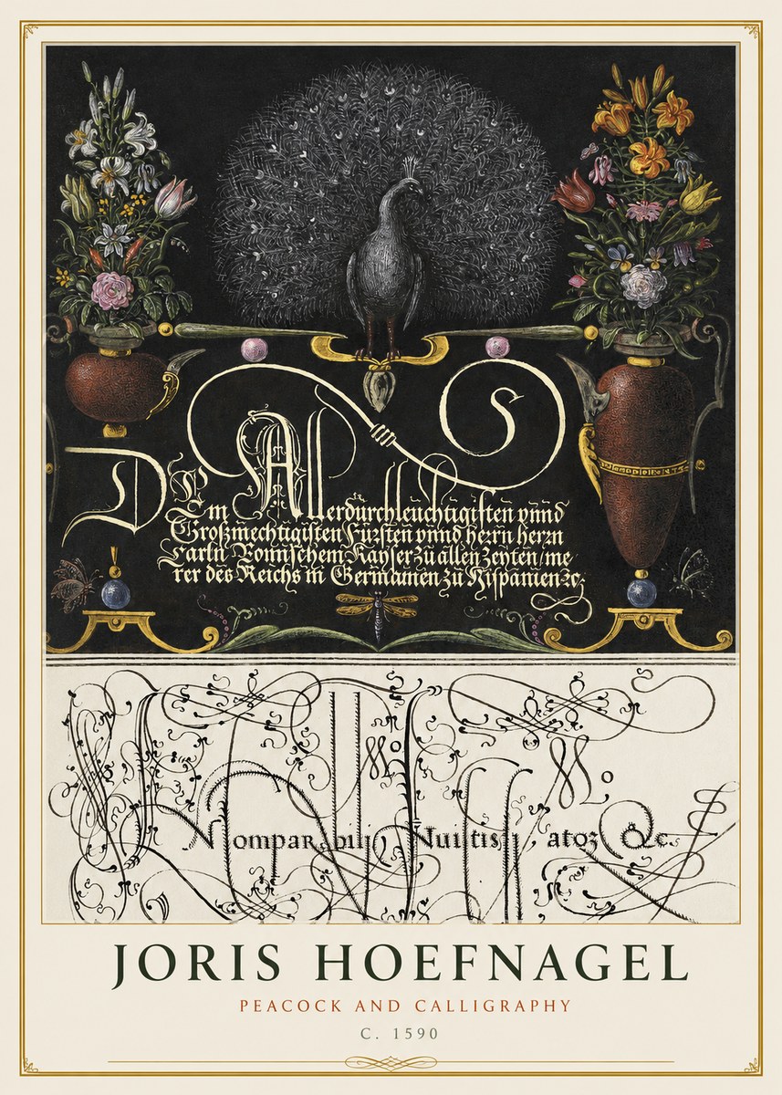 Joris Hoefnagel Peacock and Calligraphy No1 - Plakat