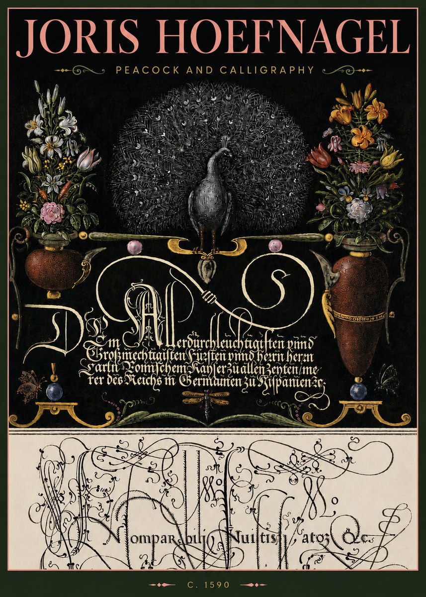 Joris Hoefnagel Peacock and Calligraphy No4 - Plakat