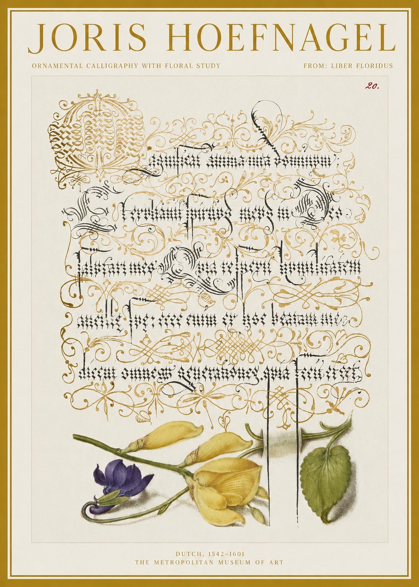 Joris Hoefnagel Ornamental Calligraphy with Floral Study No1 - Plakat