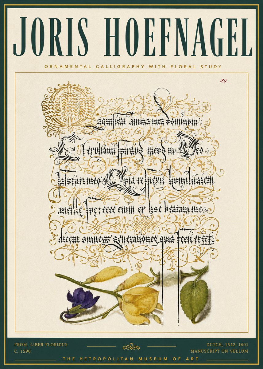 Joris Hoefnagel Ornamental Calligraphy with Floral Study No5 - Plakat
