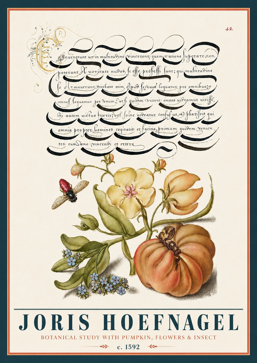 Joris Hoefnagel Botanical Study with Pumpkin, Flowers & Insect No5 - Plakat