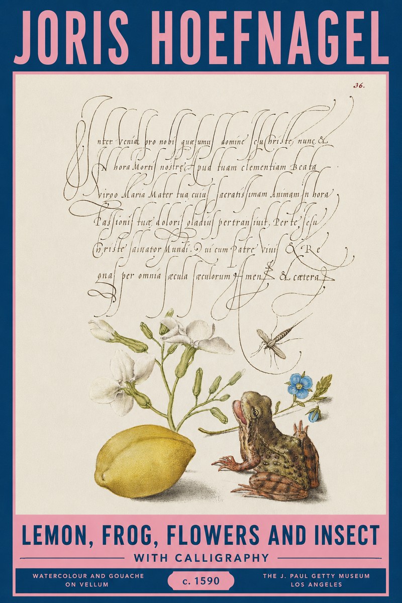 Joris Hoefnagel Nature Study with Lemon, Flowers, Frog & Insect No3 - Plakat