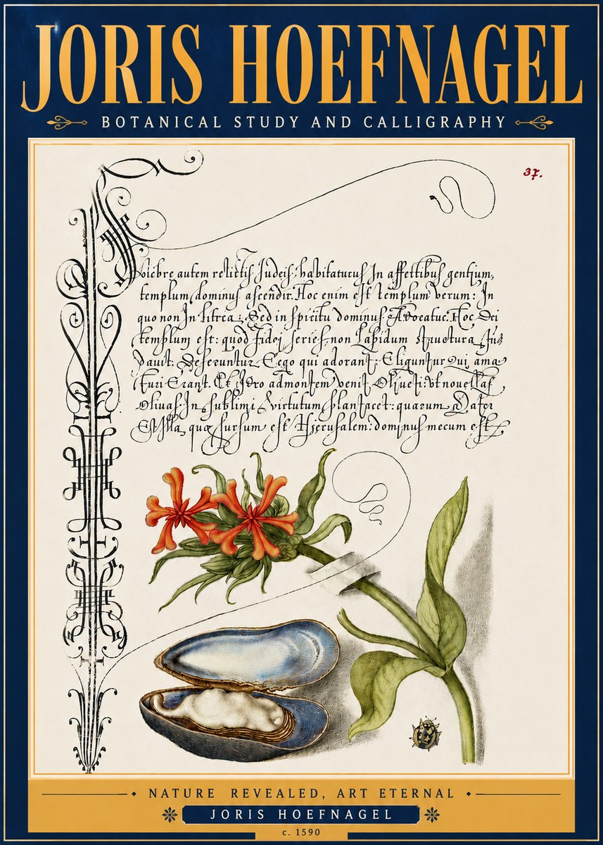 Joris Hoefnagel Botanical Study and Calligraphic Page No6 - Plakat
