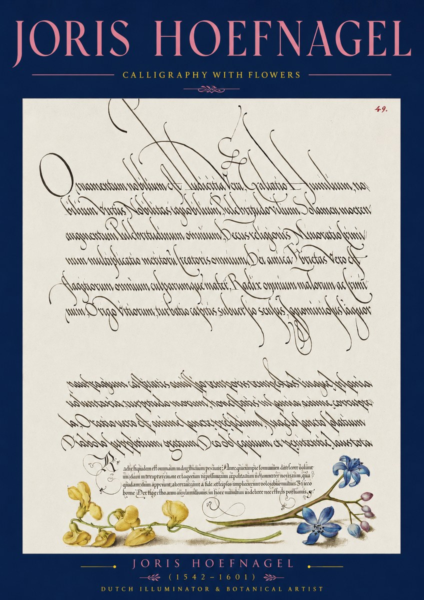 Joris Hoefnagel Calligraphy with Flowers No2 - Plakat