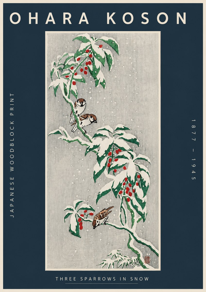 Ohara Koson Three Sparrows in Snow No4 - Plakat