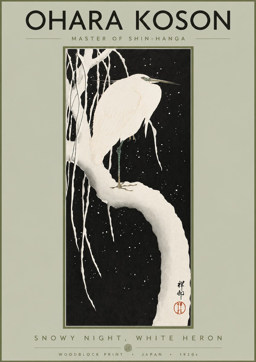 Ohara Koson Snowy Night, White Heron No2 - Plakat