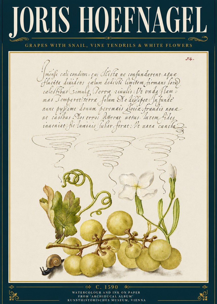 Joris Hoefnagel Grapes with Snail, Vine Tendrils & White Flowers No5 - Plakat