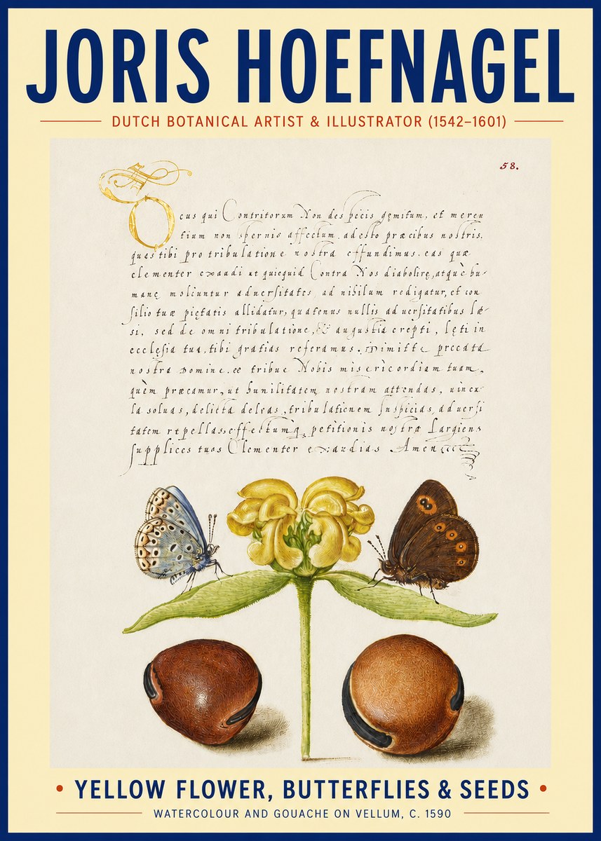 Joris Hoefnagel Yellow Flower, Butterflies & Seeds No3 - Plakat