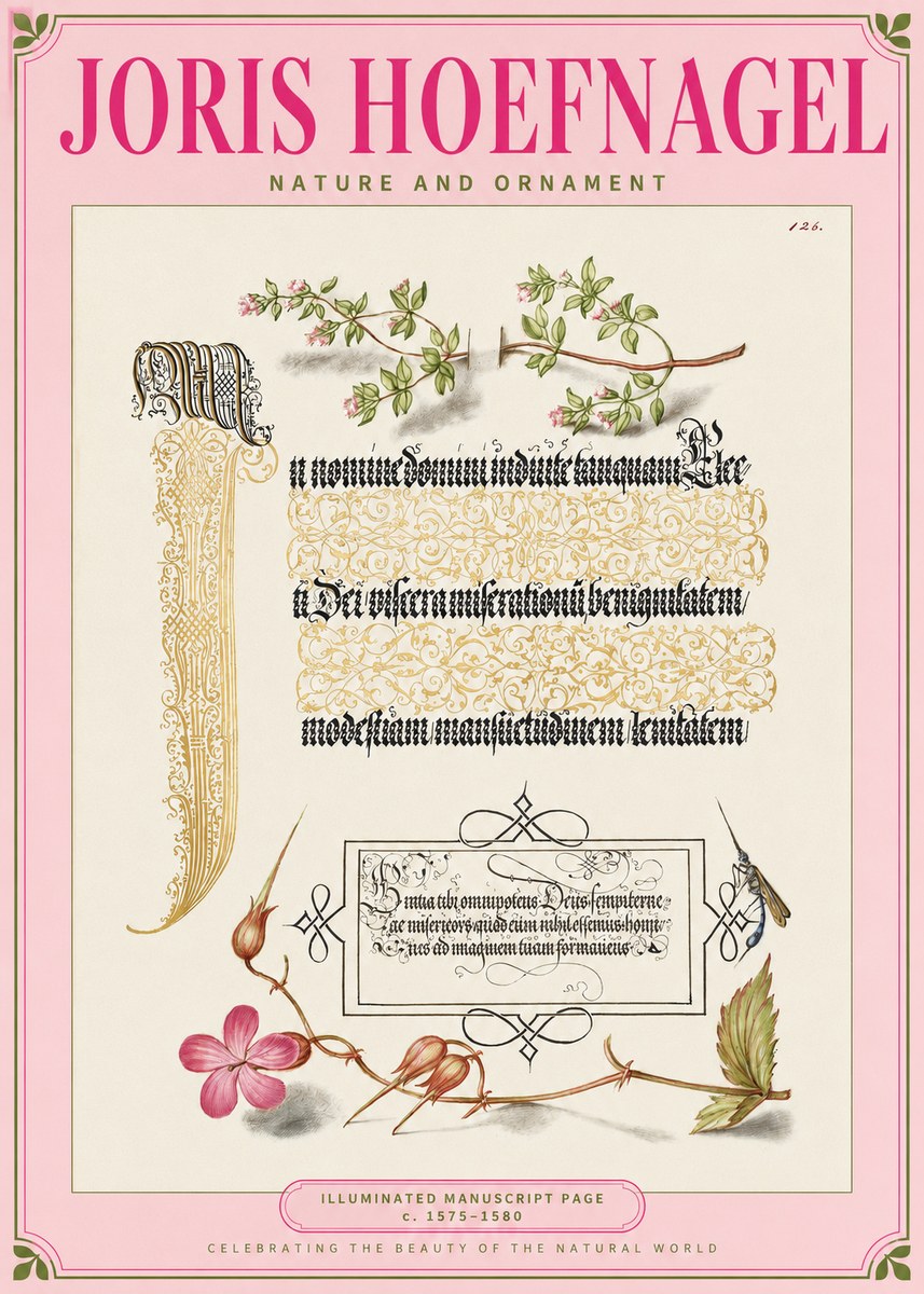 Joris Hoefnagel Illuminated Manuscript Page with Flowers and Insect No2 - Plakat