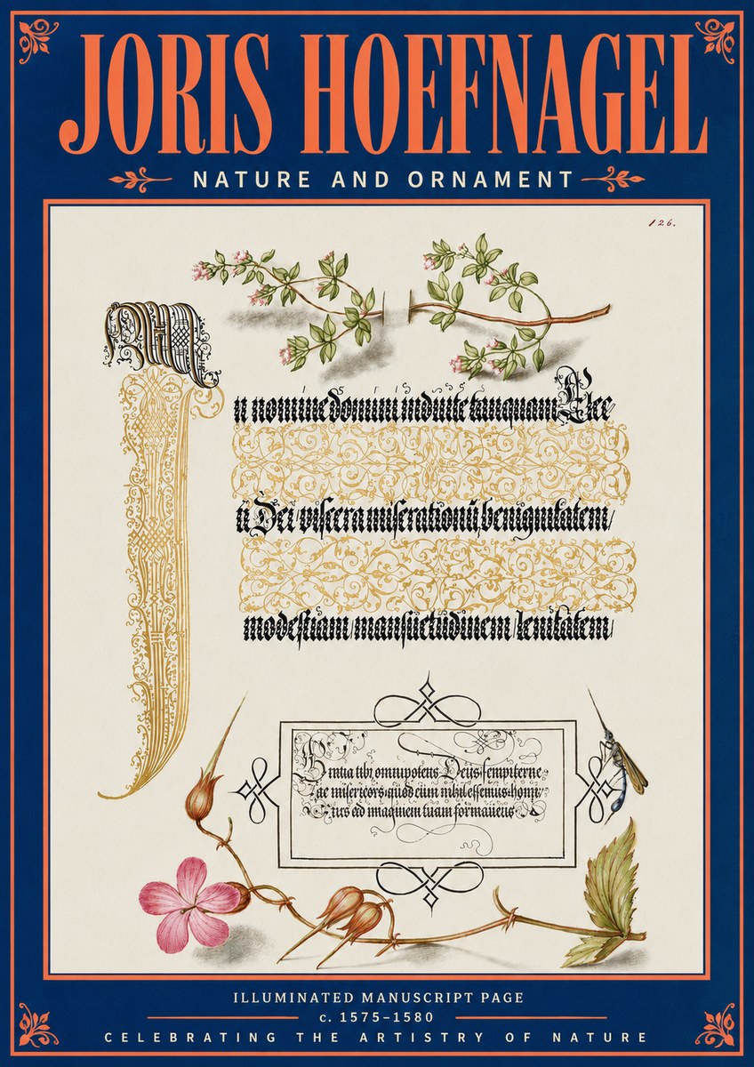 Joris Hoefnagel Illuminated Manuscript Page with Flowers and Insect No5 - Plakat