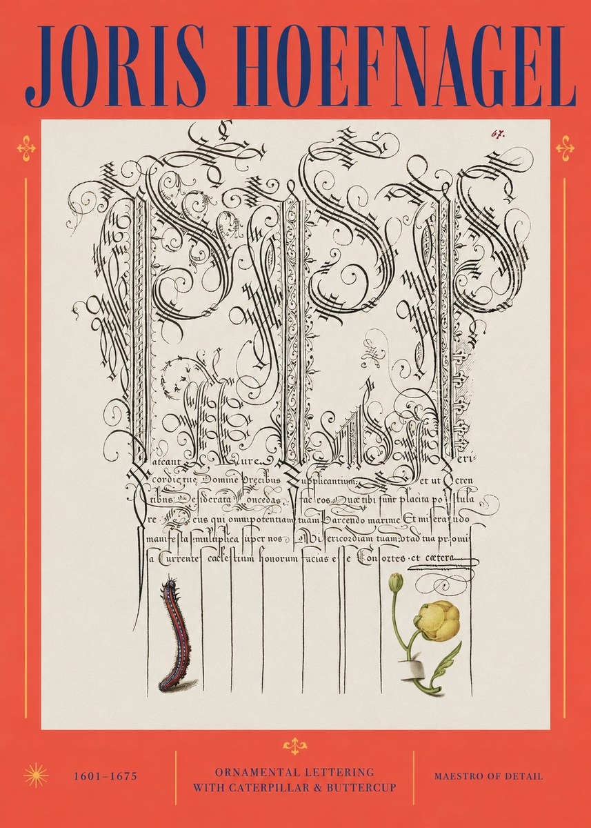 Joris Hoefnagel Ornamental Calligraphy with Caterpillar and Buttercup No3 - Plakat