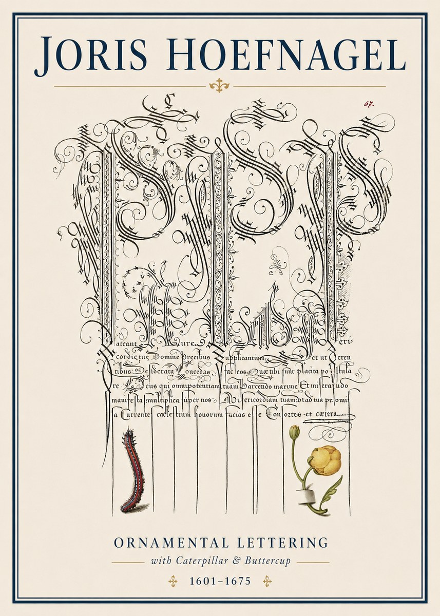 Joris Hoefnagel Ornamental Calligraphy with Caterpillar and Buttercup No4 - Plakat