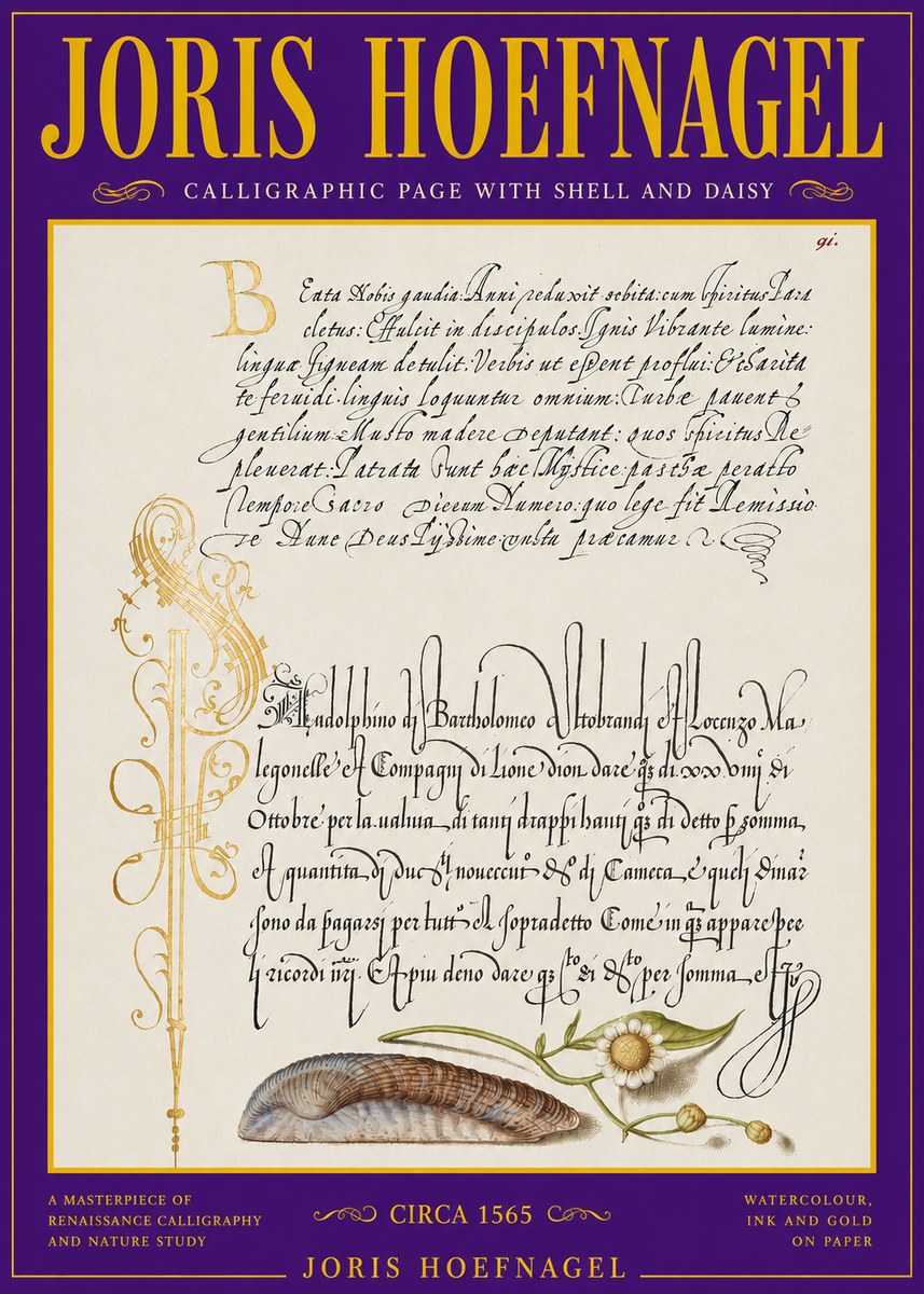 Joris Hoefnagel Calligraphic Page with Shell and Daisy No3 - Plakat