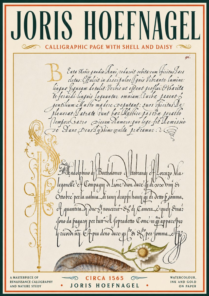 Joris Hoefnagel Calligraphic Page with Shell and Daisy No6 - Plakat