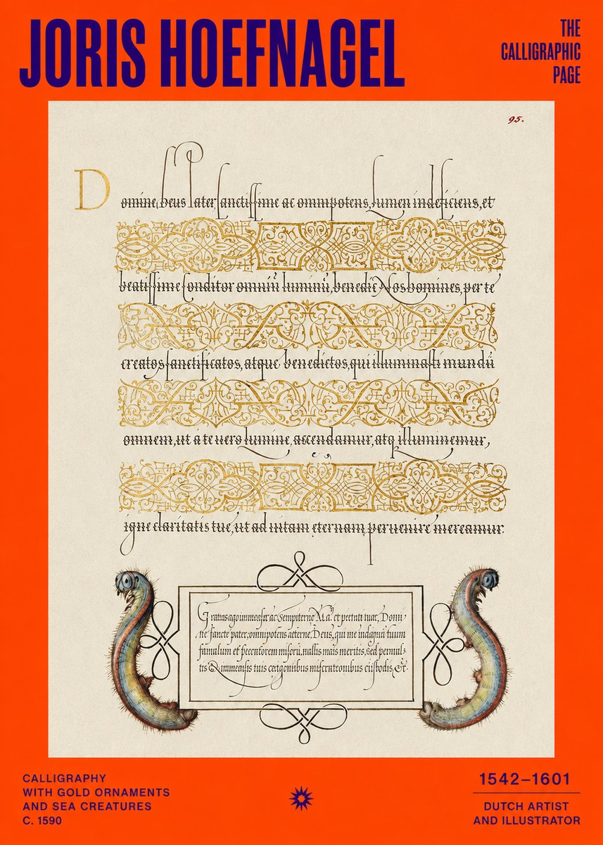Joris Hoefnagel Calligraphic Page with Gold Ornaments and Sea Creatures No2 - Plakat