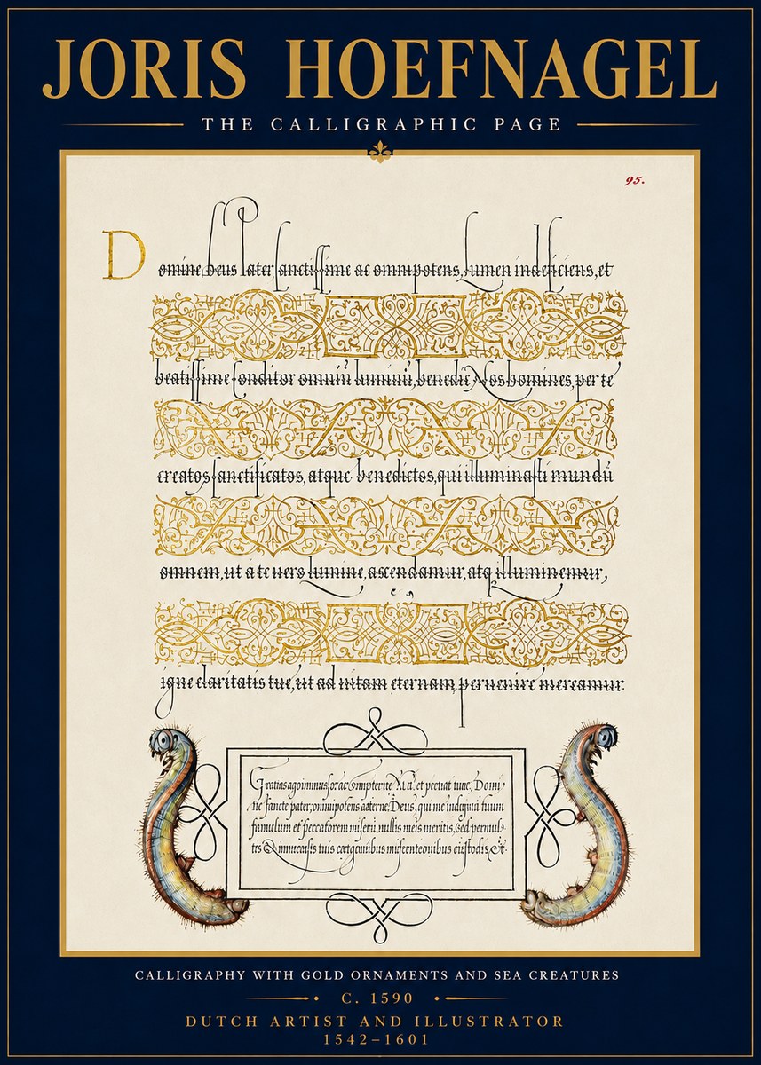 Joris Hoefnagel Calligraphic Page with Gold Ornaments and Sea Creatures No4 - Plakat