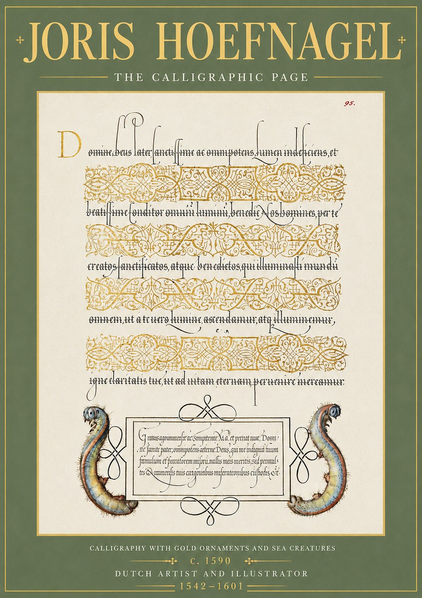 Joris Hoefnagel Calligraphic Page with Gold Ornaments and Sea Creatures No5 - Plakat