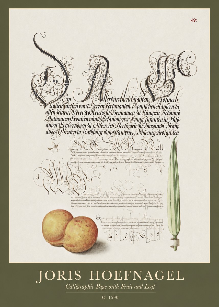 Joris Hoefnagel Calligraphic Page with Fruit and Leaf No1 - Plakat