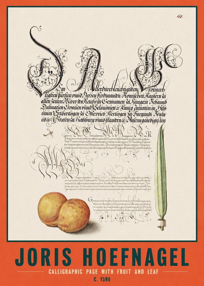 Joris Hoefnagel Calligraphic Page with Fruit and Leaf No2 - Plakat