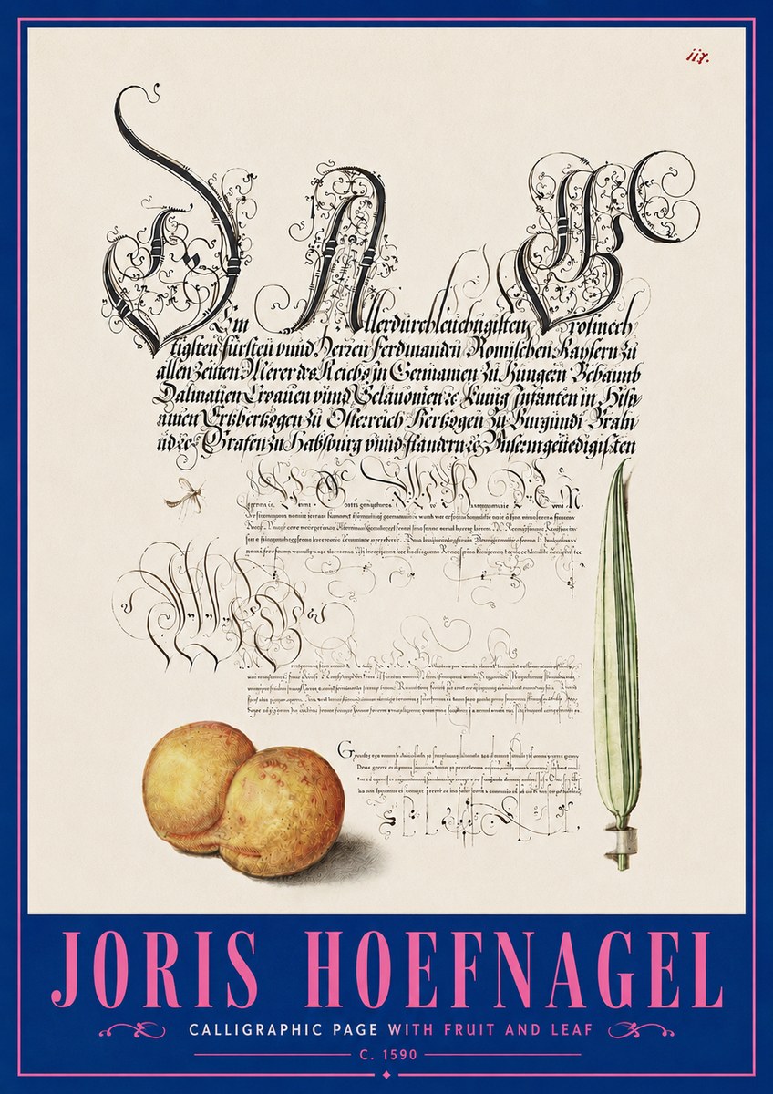 Joris Hoefnagel Calligraphic Page with Fruit and Leaf No5 - Plakat