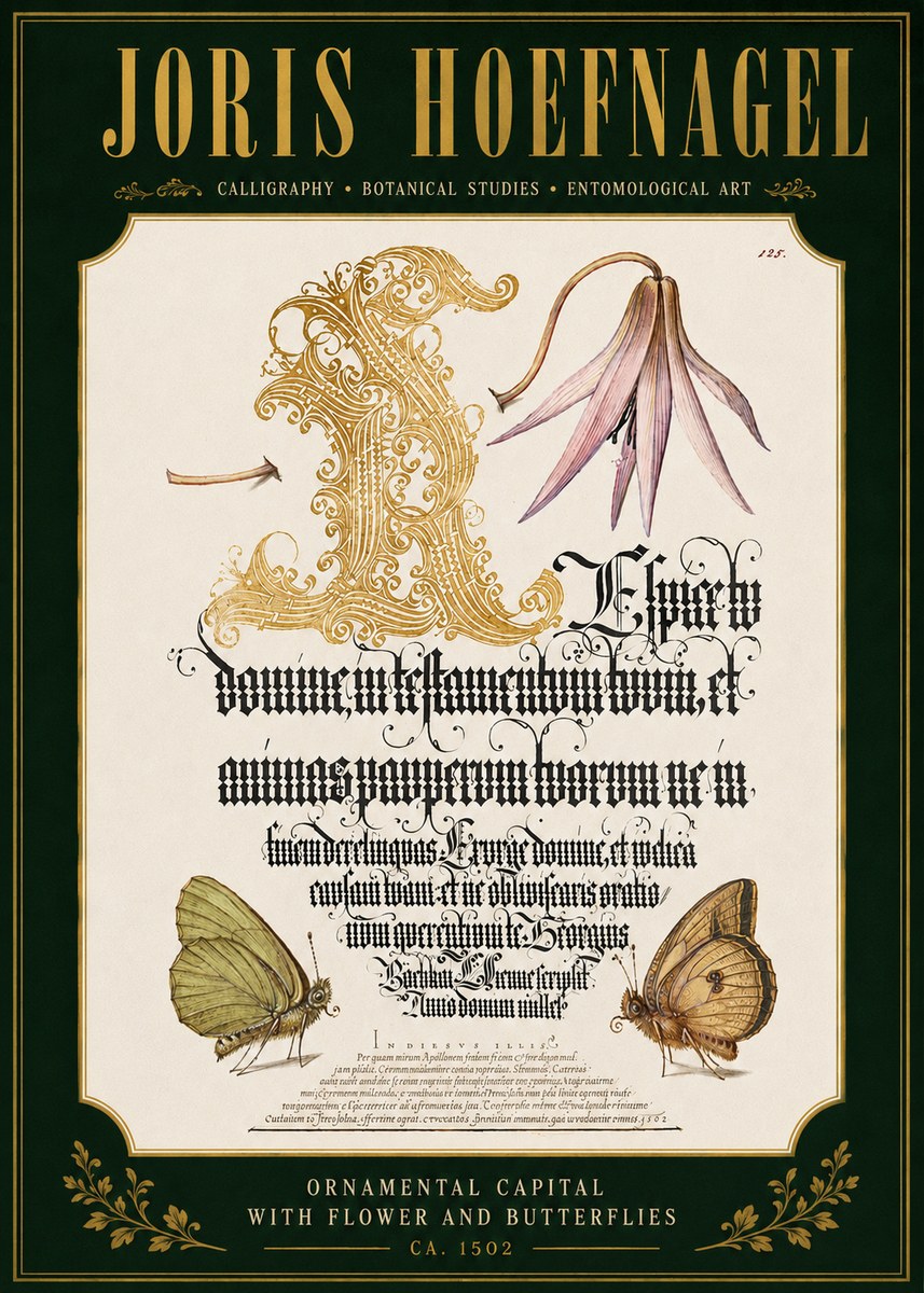 Joris Hoefnagel Ornamental Capital with Flower and Butterflies No4 - Plakat