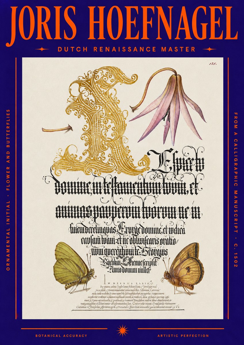 Joris Hoefnagel Ornamental Capital with Flower and Butterflies No6 - Plakat